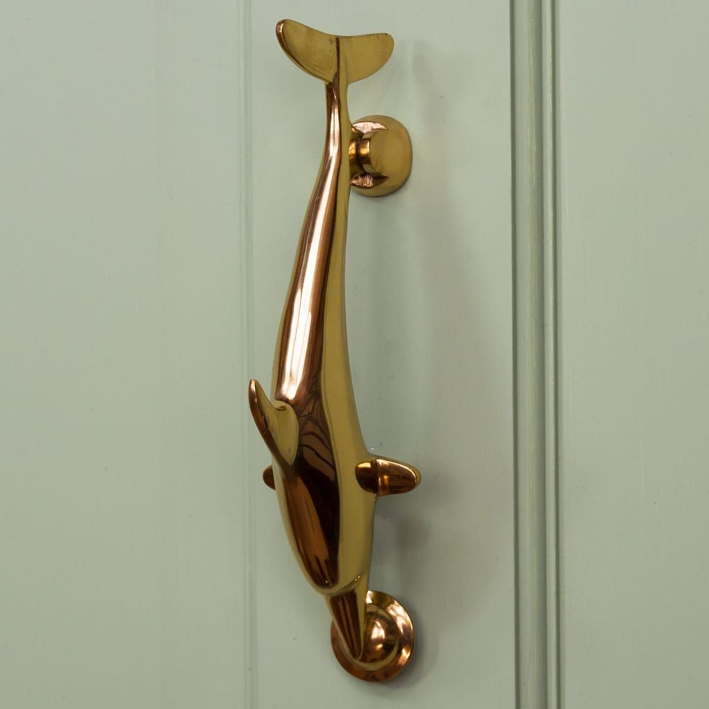 Polished Brass Flipper the Dolphin Door Knocker on Door