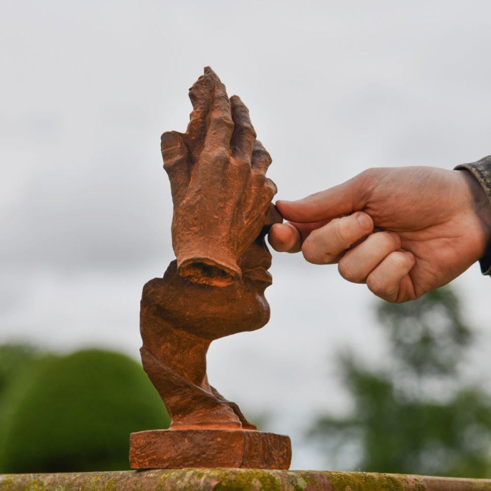 Abstract Thoughtful Face Cast Iron Rustic Sculpture Scale View