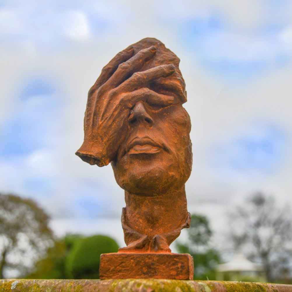 Abstract Thoughtful Face Cast Iron Rustic Sculpture