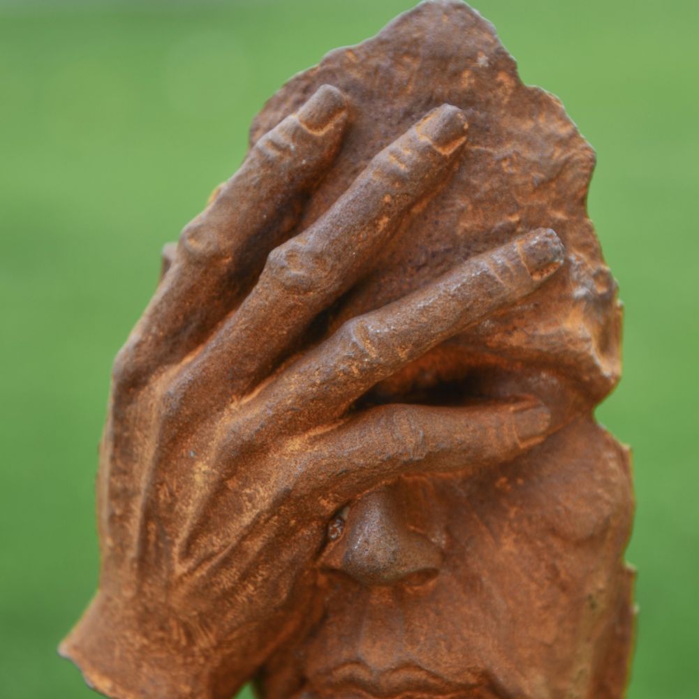 Abstract Thoughtful Face Cast Iron Rustic Sculpture Hand Detail