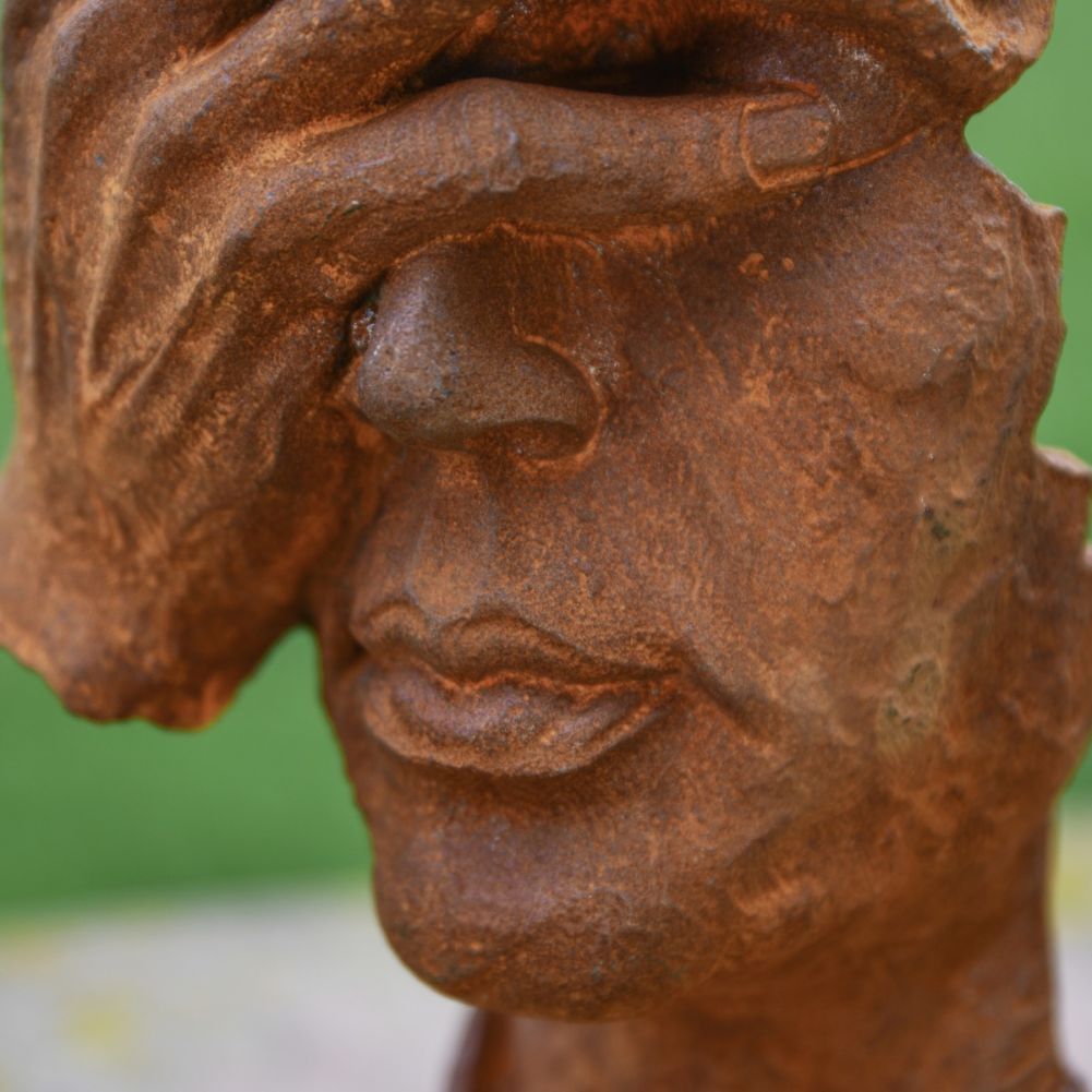 Abstract Thoughtful Face Cast Iron Rustic Sculpture Face Detail