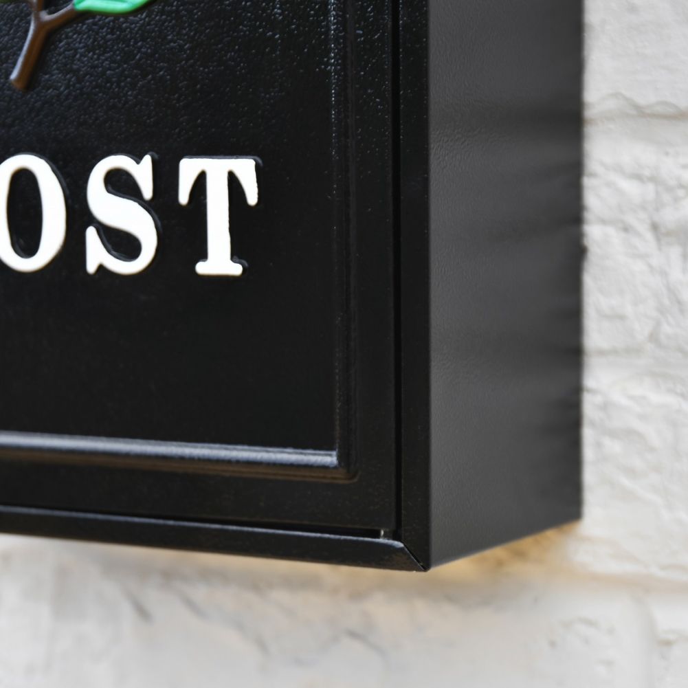 Close up of Black Post Box with White 'POST' Lettering 