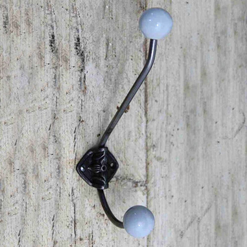 Floral Ornate Duck Egg Blue Ceramic Tip Large Iron Coat Hook