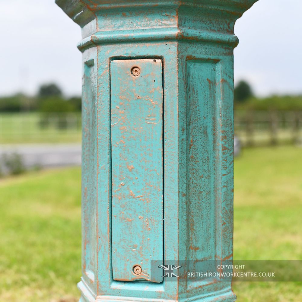 Antique Light Blue Ornate Swan Neck Cast Iron Lamp Post - 2.5m - Access Hatch