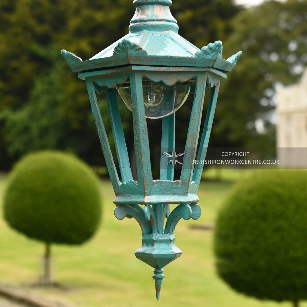 Antique Light Blue Ornate Swan Neck Cast Iron Lamp Post - 2.5m - Lantern Close Up