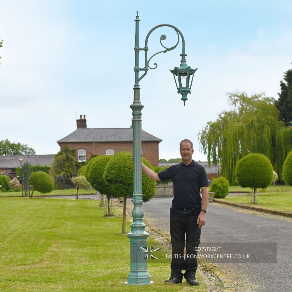 Antique Light Blue Ornate Swan Neck Cast Iron Lamp Post - 2.5m - Scale