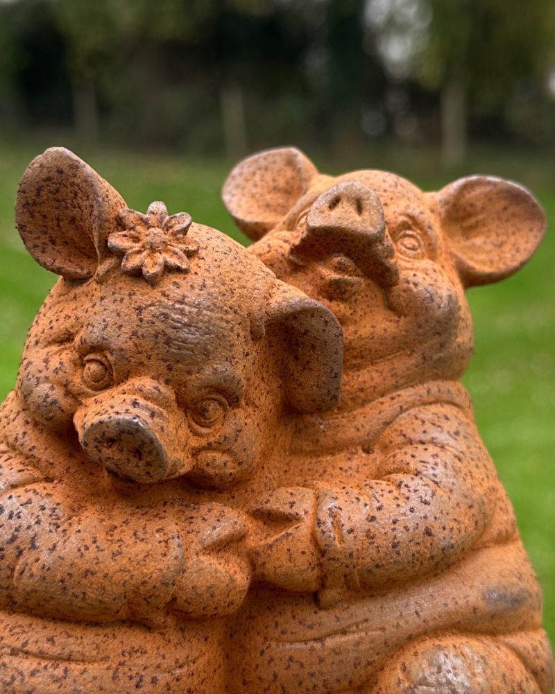Rustic Cast Iron 'Truffle & Trotter' The Pigs Garden Sculpture Close Up