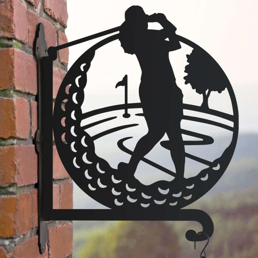 Female Golfer Hanging Basket Bracket In A Cloudy Setting
