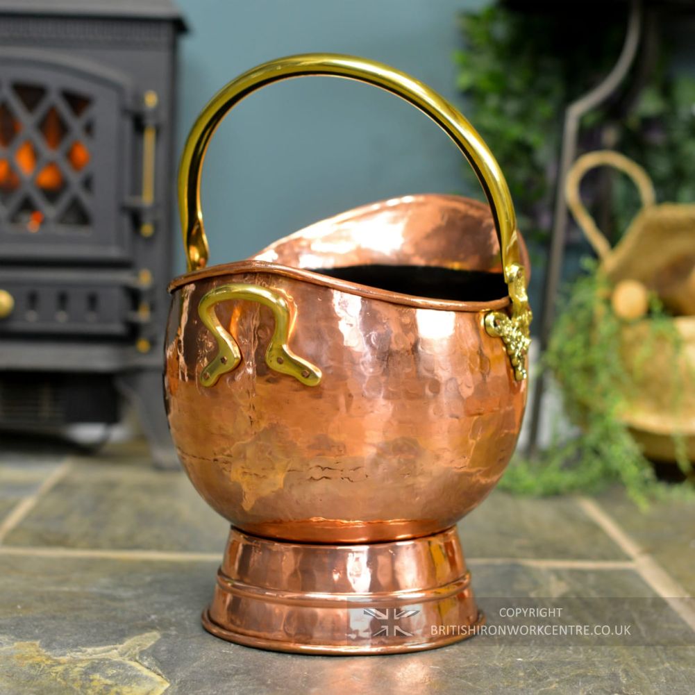 Large Hammered Copper and Brass Fireside Coal Bucket