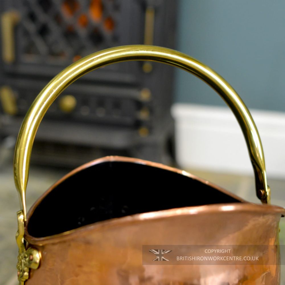 Large Copper & Brass Fireplace Scuttle - View of Handle