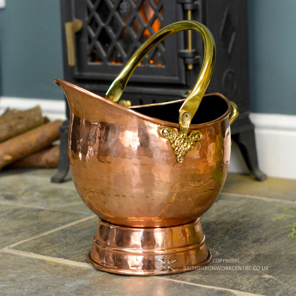 Large Copper & Brass Fireplace Scuttle In Front Of Fireplace