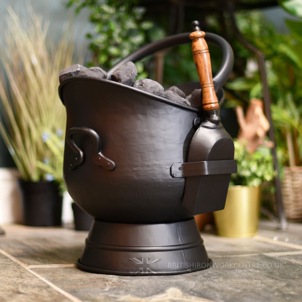 Large Coal Scuttle with Shovel by Fireplace