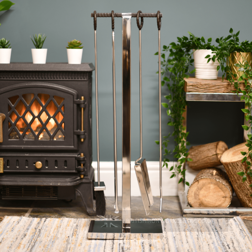 The Harlow Stainless Steel Companion Set in Front of Fire 