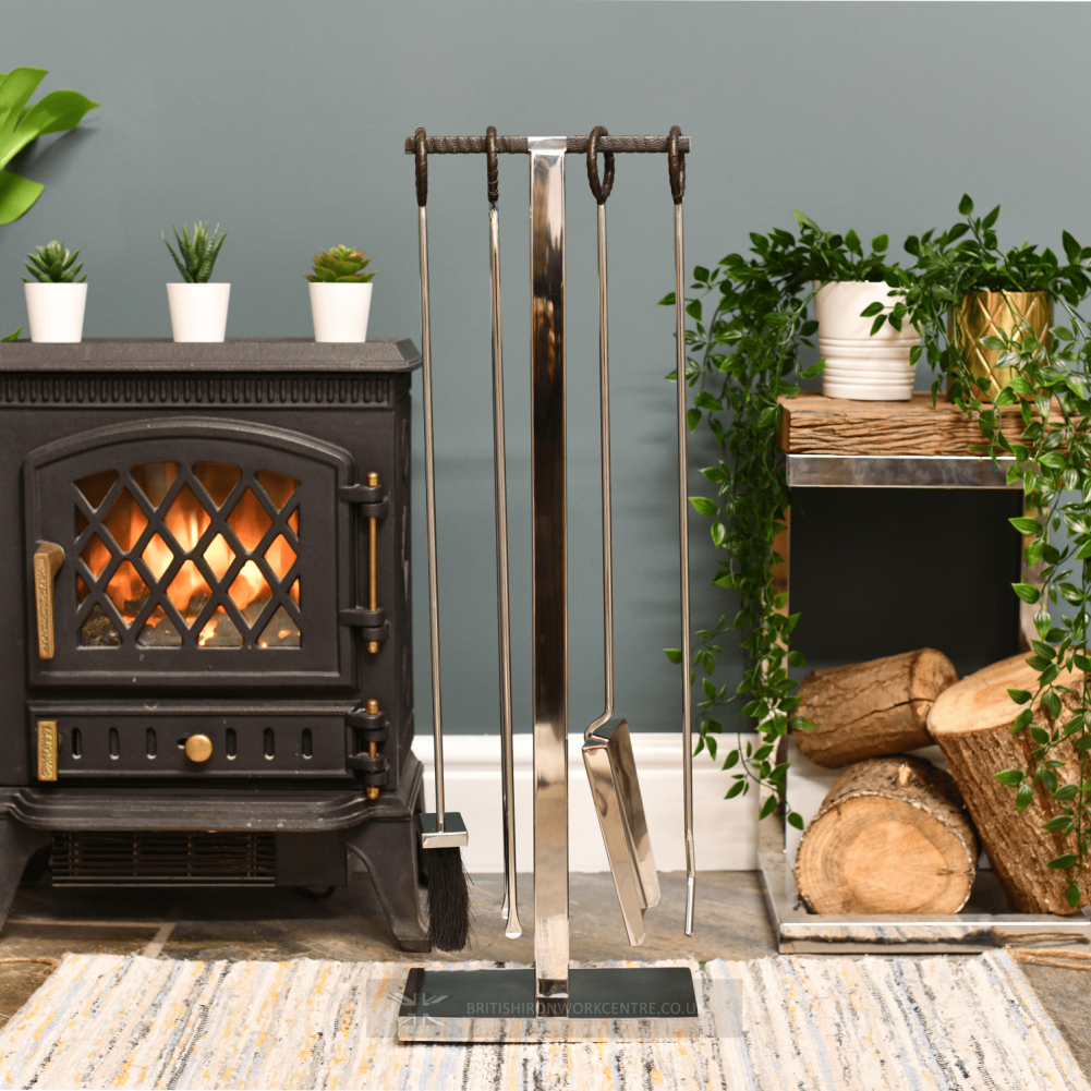The Harlow Stainless Steel Companion Set in Front of Fire 