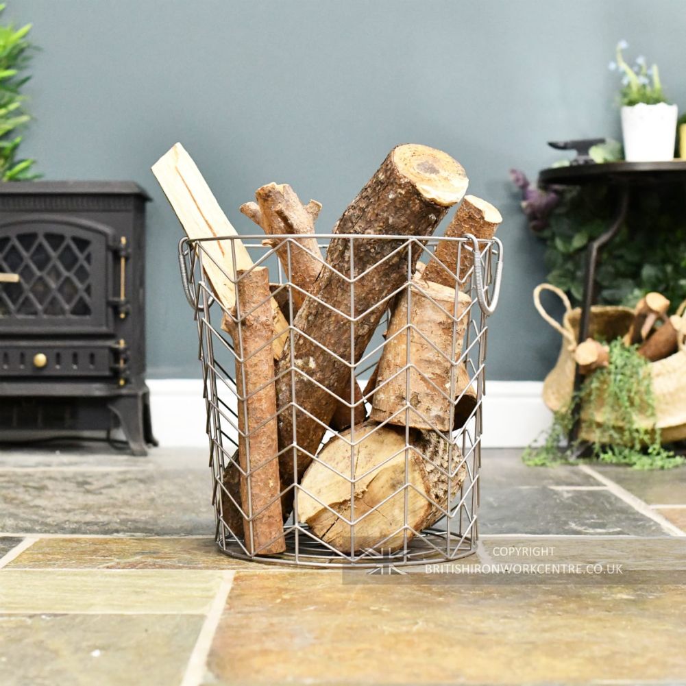 Medium Pewter Finish Wire Design Log Basket