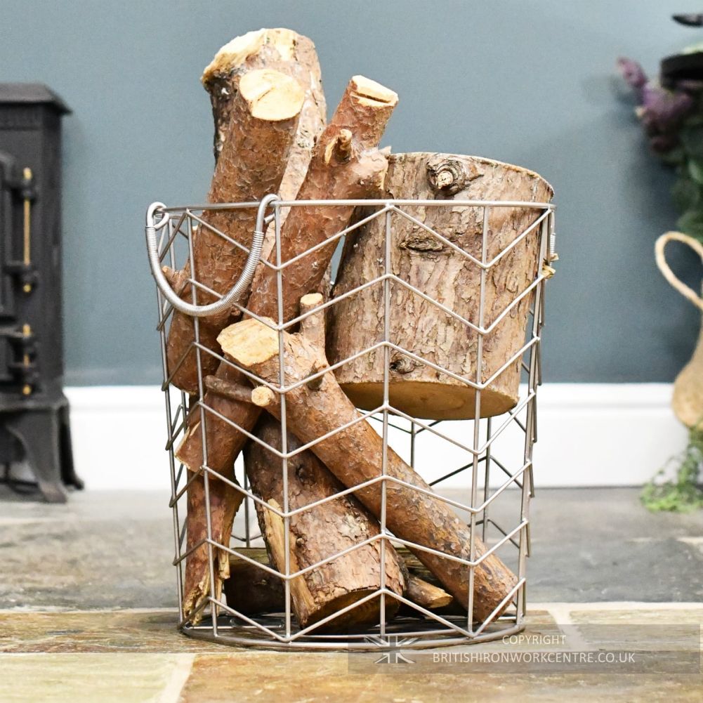 Small Pewter Finish Wire Design Log Basket