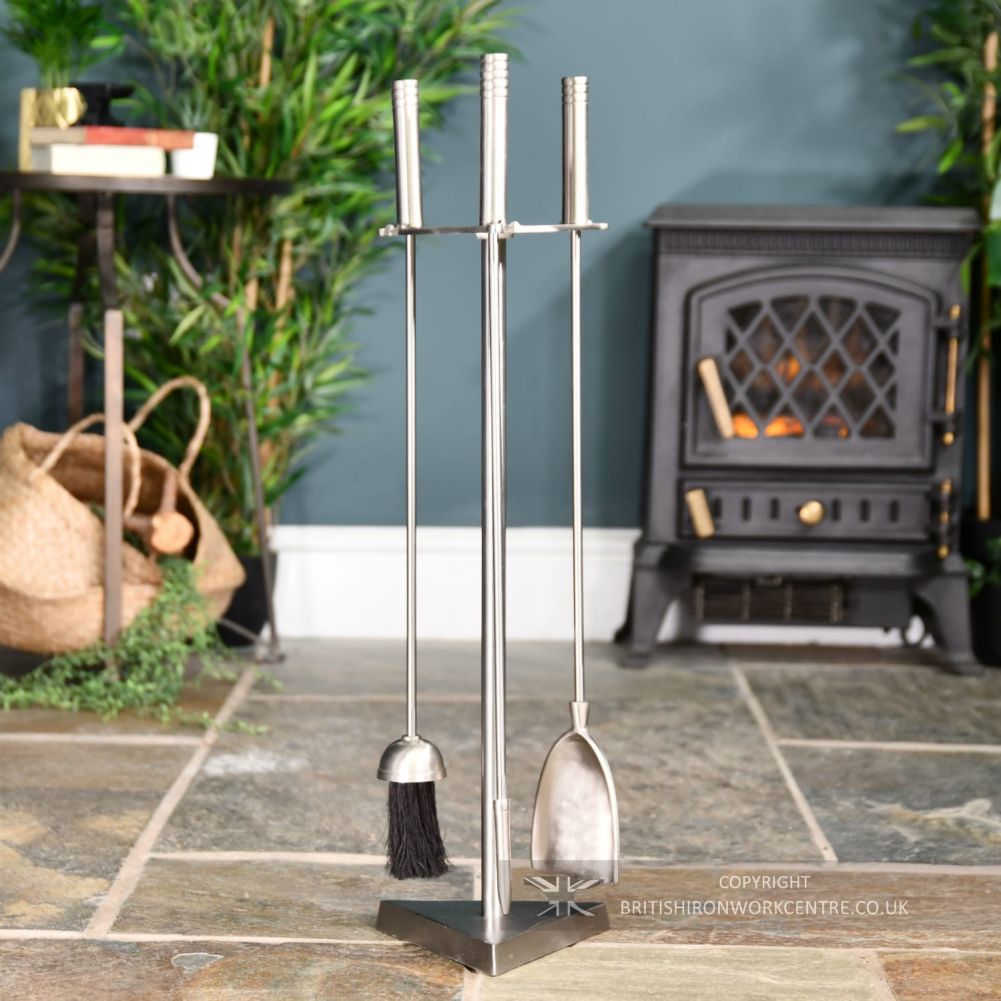Modern 'Art Deco' Stainless Steel Companion Set 66.5cm from the front 