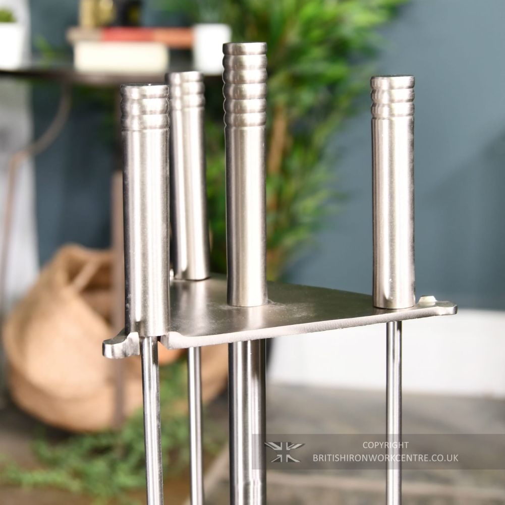 Modern 'Art Deco' Stainless Steel Companion Set 66.5cm close up of the handles