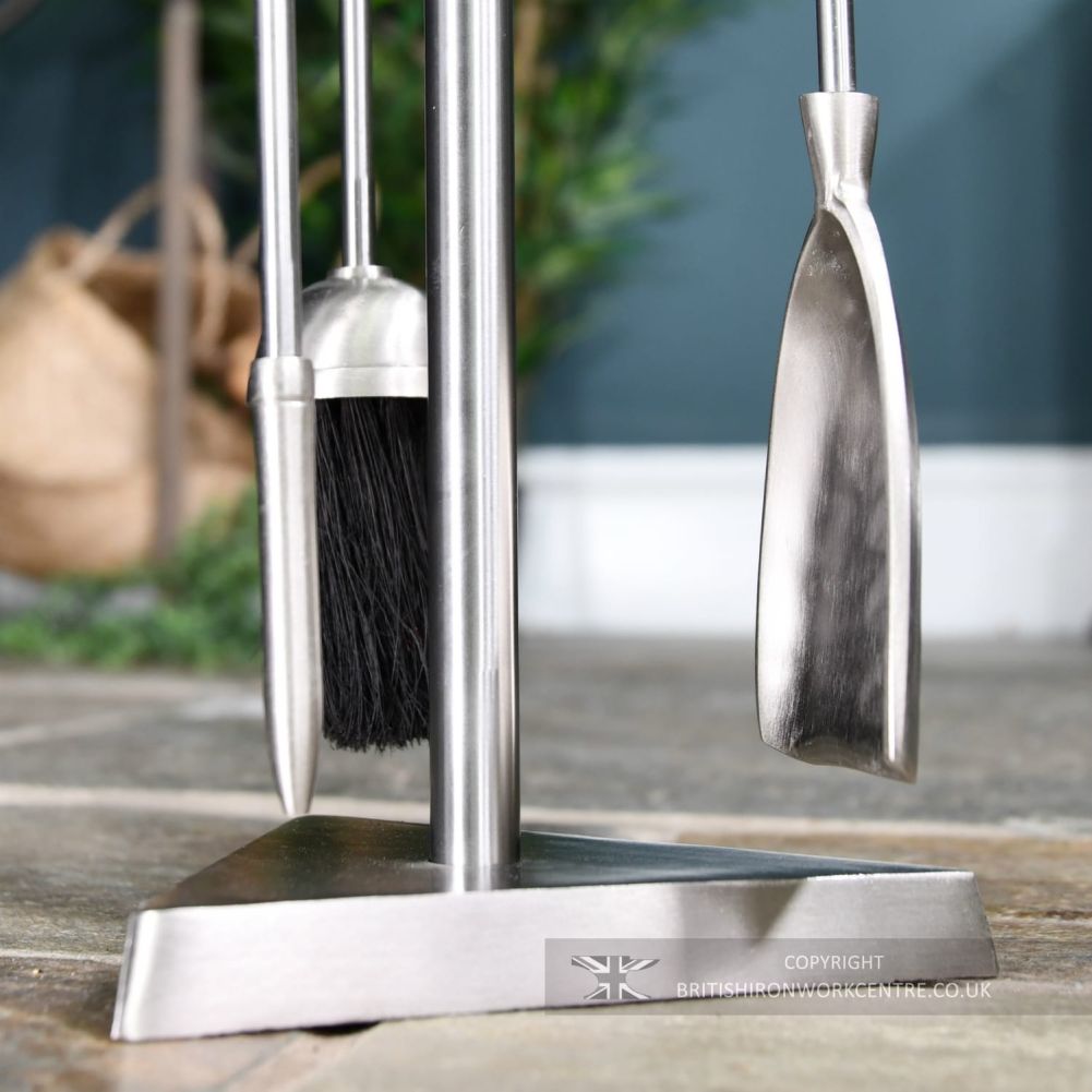 Modern 'Art Deco' Stainless Steel Companion Set 66.5cm close up of bottom of item 