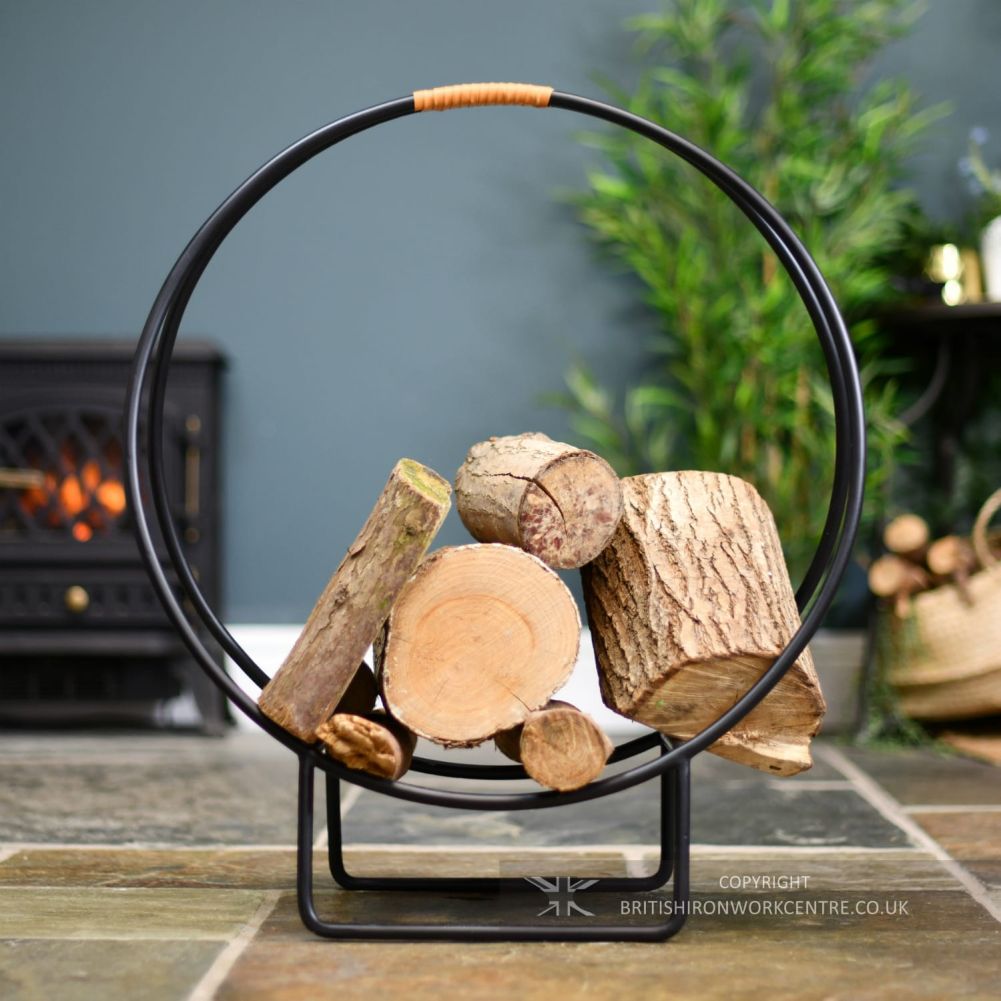 Modern Black Circular Log Basket with Wrapped Brown Handle - 45cm