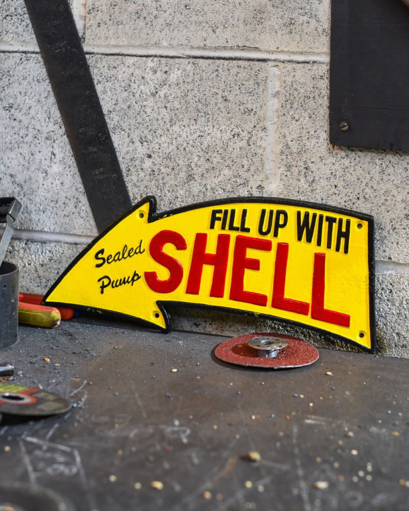 Fill Up With Shell Cast Iron Automobilia Sign Side On