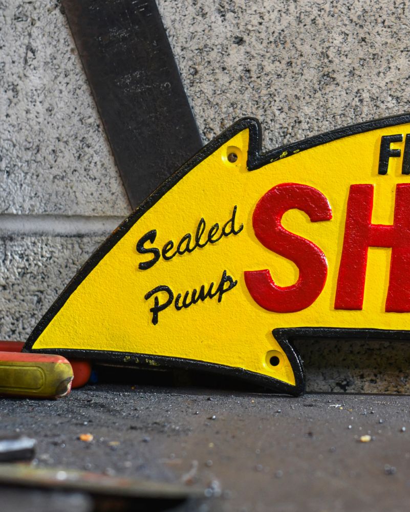 Fill Up With Shell Cast Iron Automobilia Sign Close Up Of Fixing Points