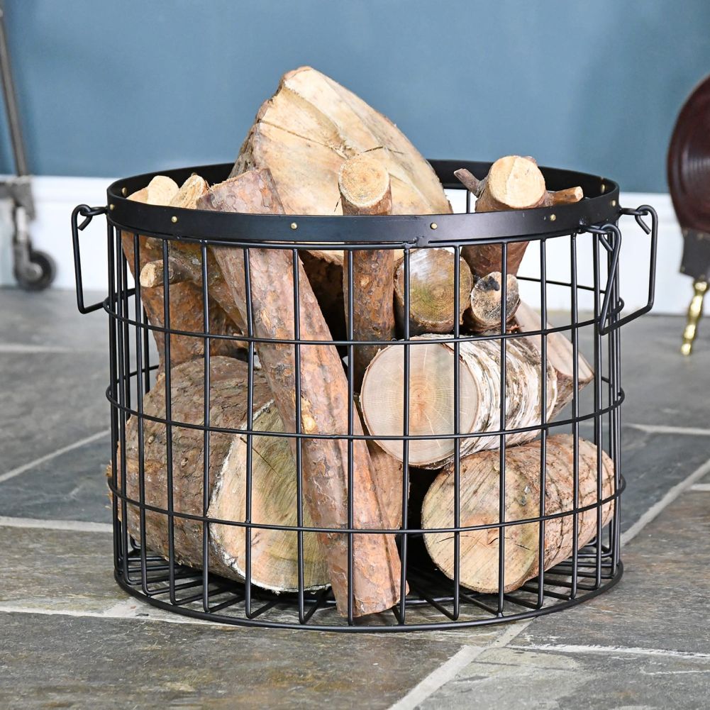 Large Black Wirework Fireside Log Basket In Living Room Setting