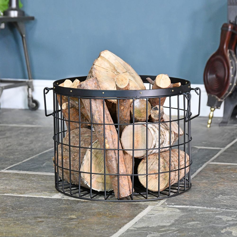 Large Black Wirework Fireside Log Basket In Living Room Setting