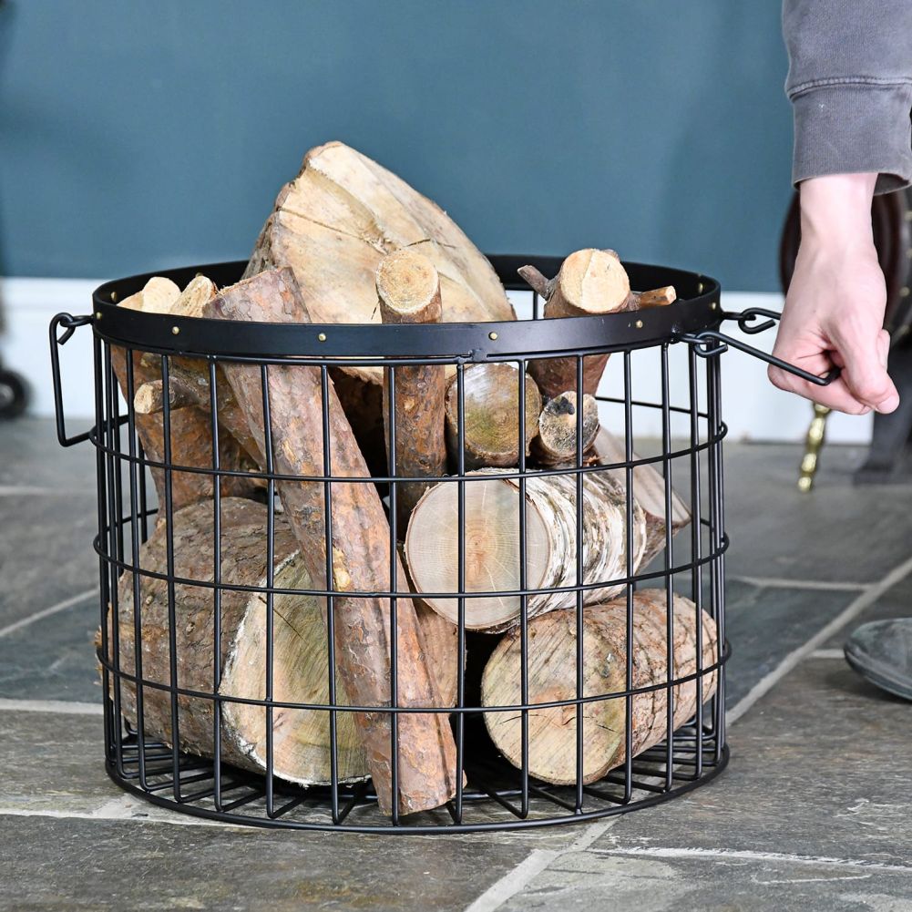 Large Black Wirework Fireside Log Bucket to Scale