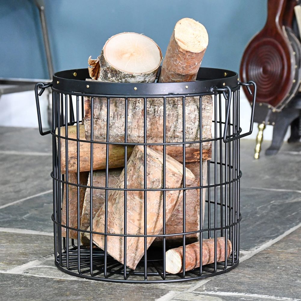 Black Wirework Fireside Log Basket In Living Room Setting