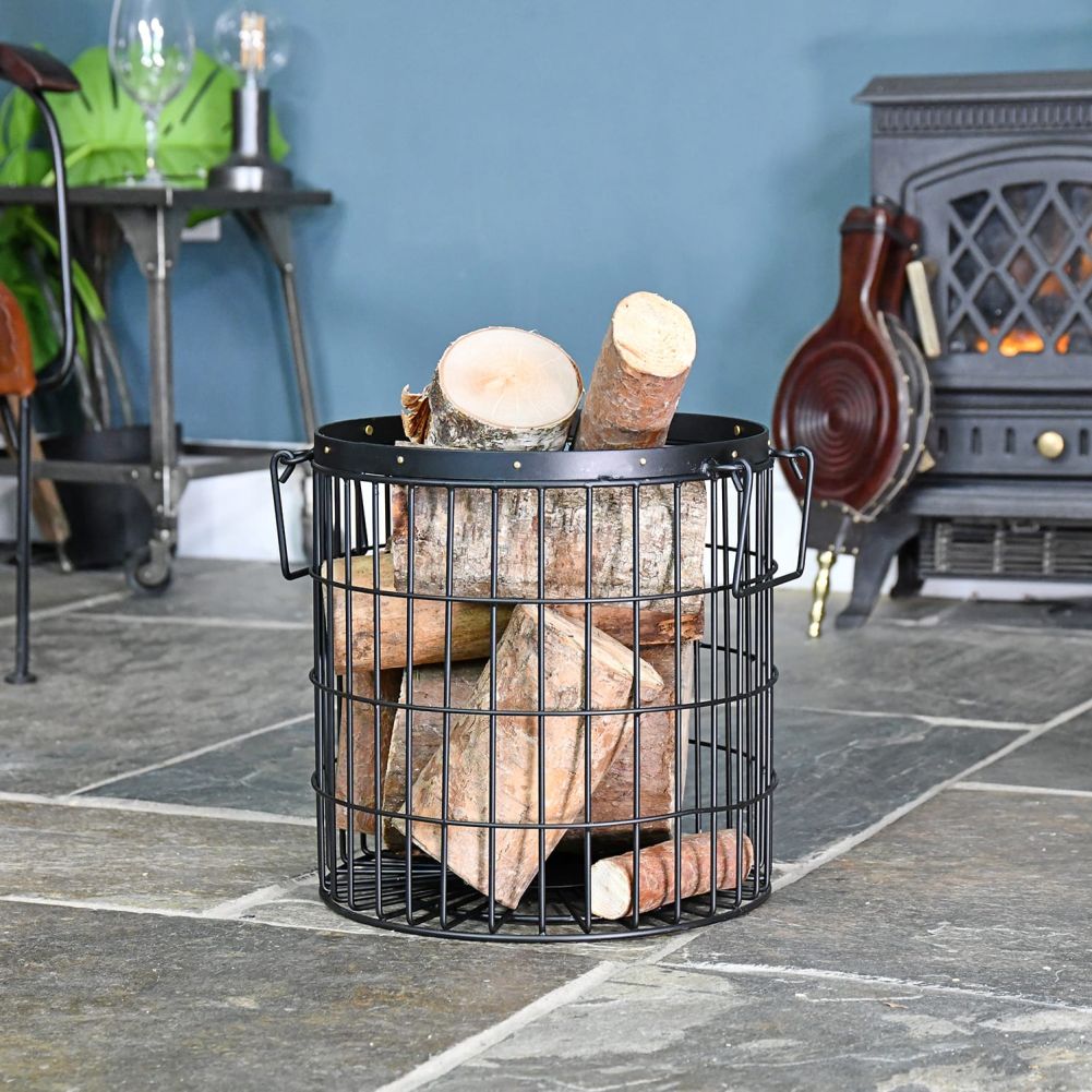 Black Wirework Fireside Log Basket in Use by the Fire Place