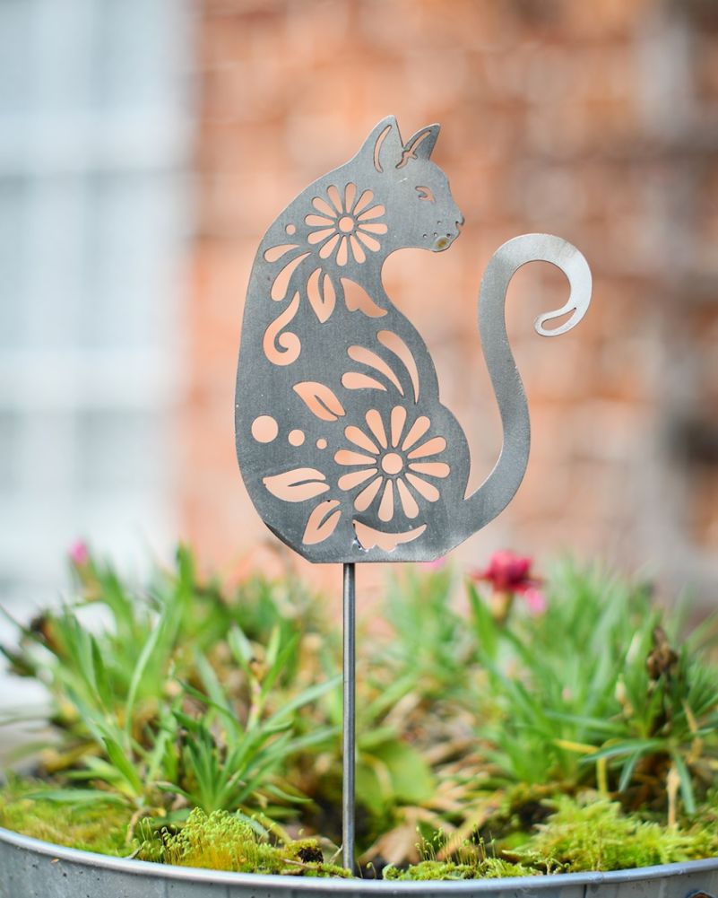 Floral Cat Decorative Plant Pot Spike - Pack Of Two 