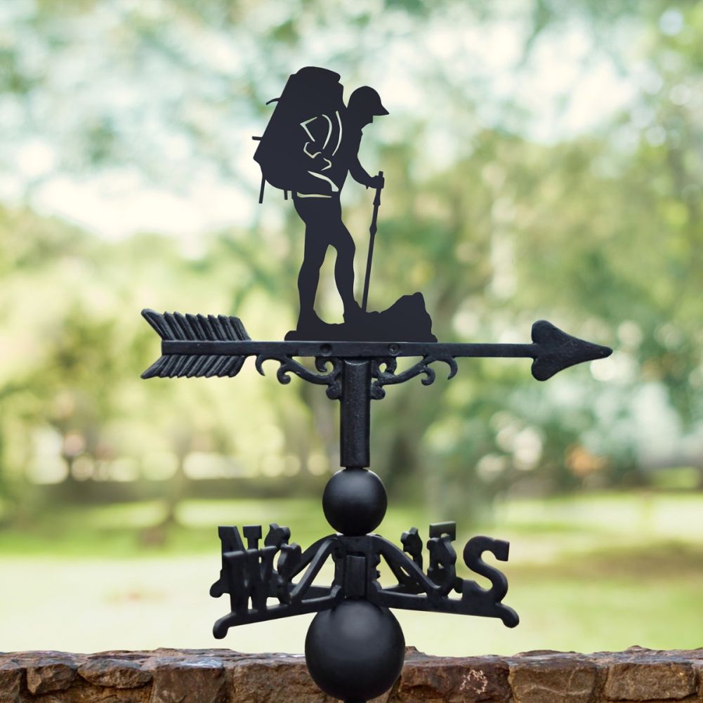 Black Backpacking Weathervane in Garden