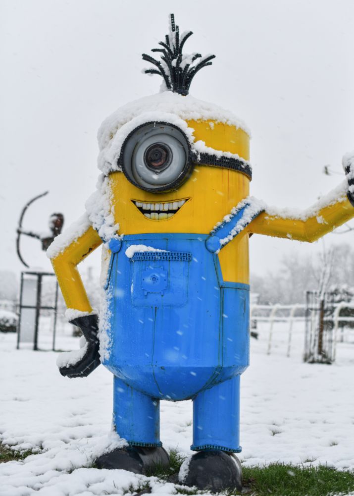 Giant One Eyed Monster Sculpture Recycled Metal In The Snow