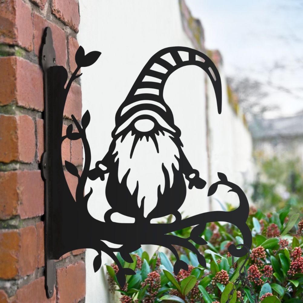 Gonk With Stripy Hat Hanging Basket Bracket In A Garden Setting