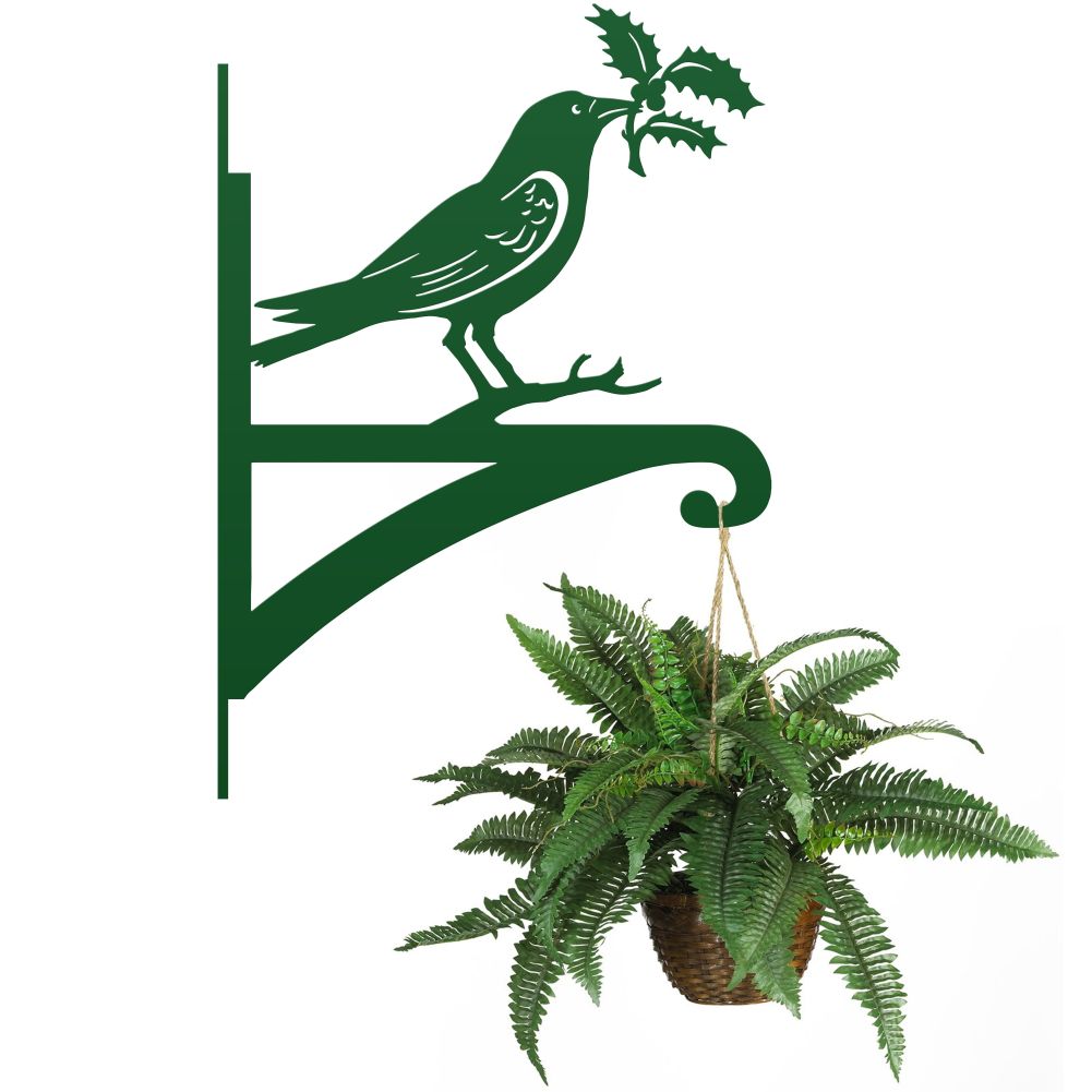 Green Iron Raven and Holly Hanging Basket Bracket On White With Basket