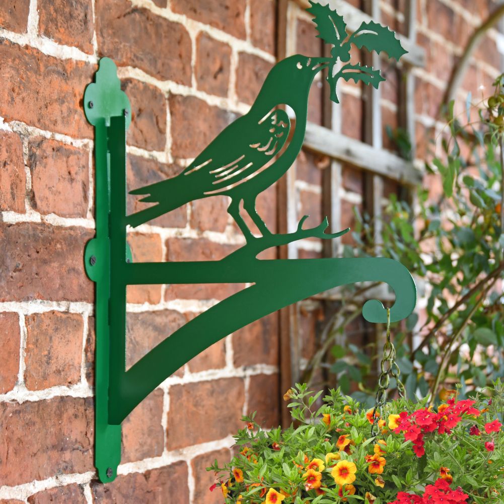 Green Iron Raven and Holly Hanging Basket Bracket With Basket