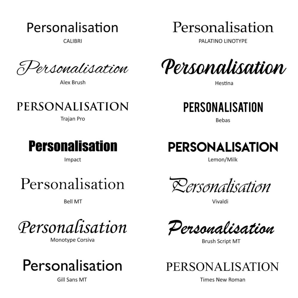 Available Fonts for Personalisation