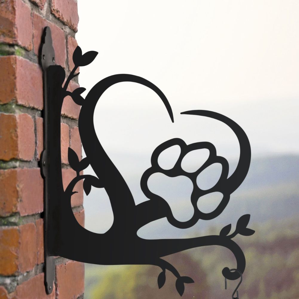 Heart & Paw Print Hanging Basket Bracket In A Cloudy Setting