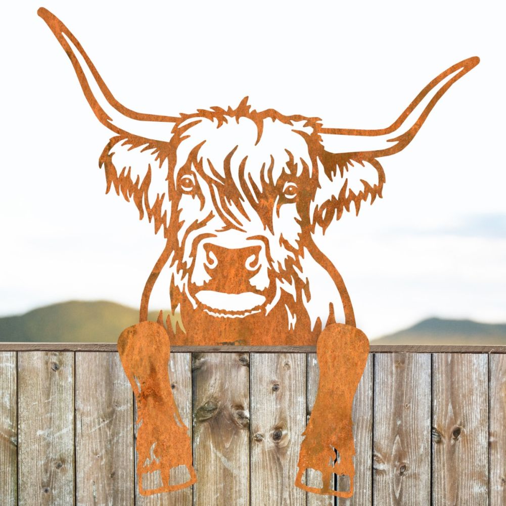 Highland Cow Fence Topper In Rustic In A Countryside Setting