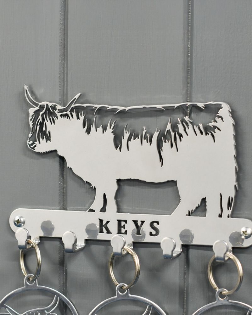 Highland Cow Key Holder With Trio Of Keyrings Up Close