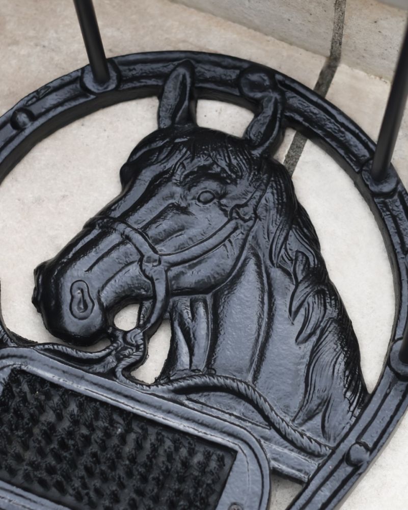 Close Up Of Horse Head Boot Stand & Scraper In Black Design