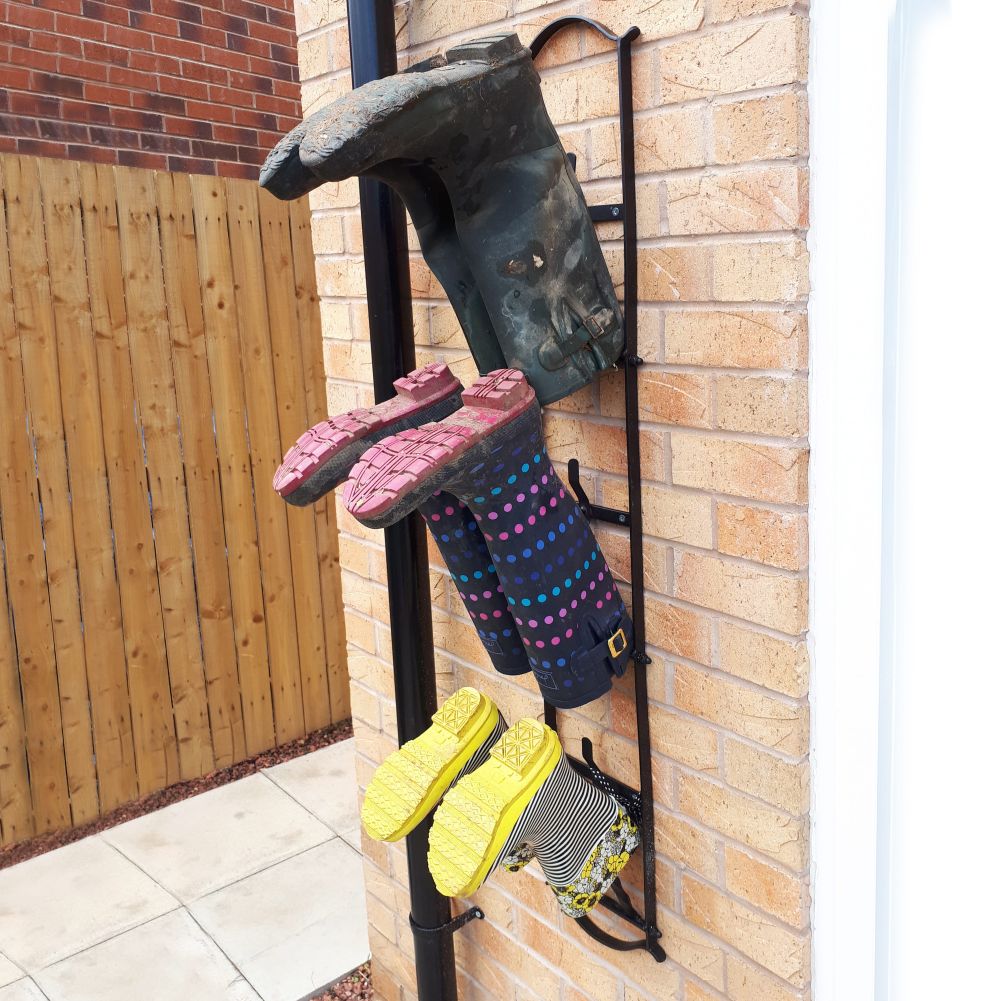 Three Pair Wall Mounted Welly & Boot Rack In Black