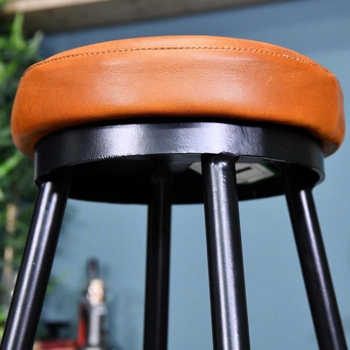 Brown Goat Leather & Iron on the Backless Stool