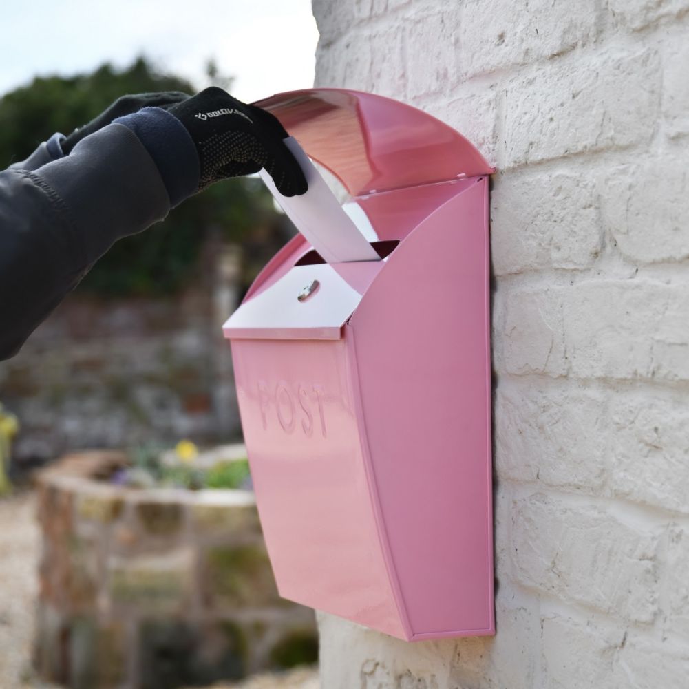 Side view of Rose Blossom Pink Post Box with Lock 