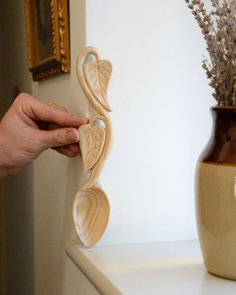 Scale Of The 'Leaves' Of Love Ornate Teak Wood Love Spoon In The Home