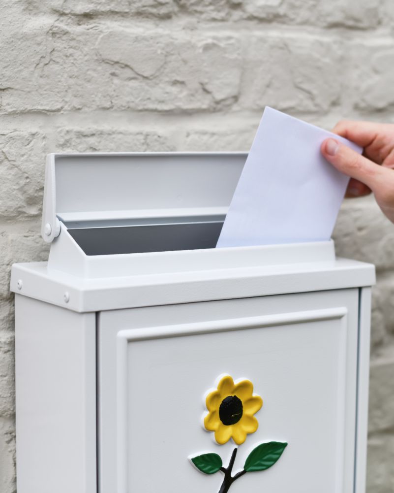 Letter Flap And Scale Of The Sunflower Motif White Wall Mounted Post Box
