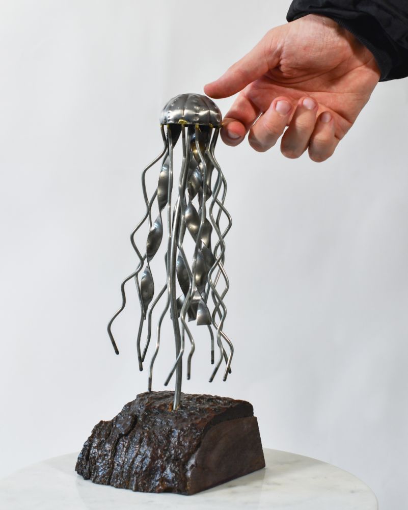 Scale Of 'Lumi' The Jellyfish Scrap Metal Art Sculpture With Solid Wood Base