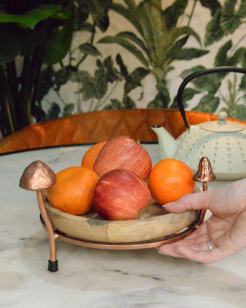 Scale Of The Small Mango Wood & Metal Copper Toadstool Tray 