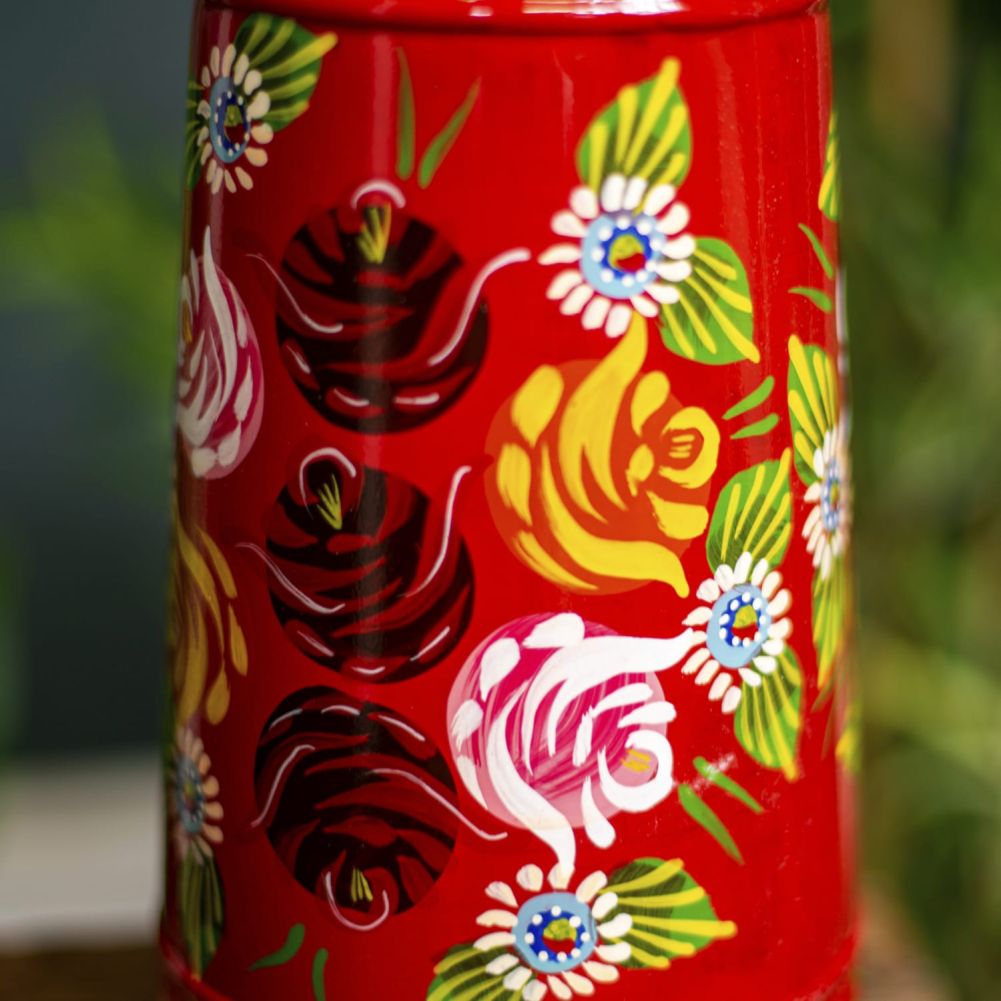 Large Red Narrowboat Hand Painted Jug Flower Detail